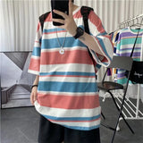 Advbridge Summer Loose Casual Oversized Men's Clothing Hong Kong Breeze Striped Printed Short Sleeve Round Neck Trend All-match T-shirt