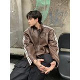 Advbridge Retro Leather Jacket Men Women  American Patchwork Strip Racing Outerwear Loose Hip Hop Zippers Brown PU Coat Streetwear Spring