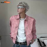 Advbridge Mens Cropped PU Leather Jacket Fashion Turn-down Collar Gradient Color Retro Coat Zipper Men's Motorcycle Outwear Spring Pink