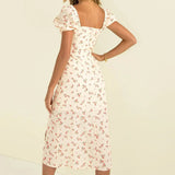 ADVBRIDGE  -  New Women's Dress,French Retro Floral Print Dresses, Slim Slit Long Puffed-Sleeve