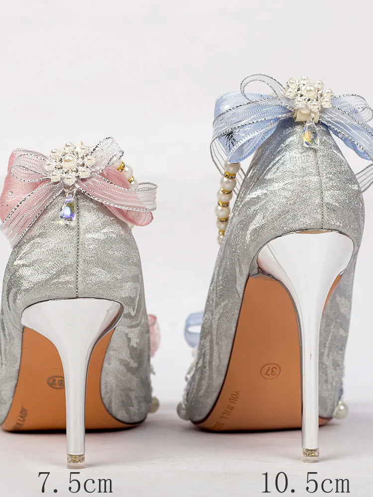 Advbridge Elegant Retro Lolita Court Style Lolita Flower Wedding Gorgeous Satin Bow Pearl Gem Ribbon Bowknot 7.5-10.5cm High Heels Shoes