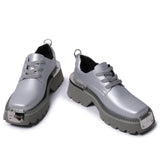 Advbridge Fashion Metal Silver Thick Heel Lace Up Leather Shoes For Women 2024 Spring New Item Square Headed Neutral Sponge Cake Single