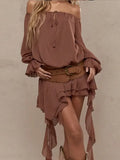ADVBRIDGE  -  Chic Low Neck Lace Up Mini Dress Elegant Solid Flare Sleeve Pleated Off Shoulder Gown New Women Highstreet Holiday Dresses 2025