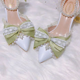 Advbridge Lolita High Heels for Women Pearl Lace Green Designer Shoes High End Knot Bridal Shoes 2023 Fashion Women Trending