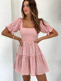 Advbridge  Square Collar Gingham Printed Women Casual Summer Short Dress Puff Sleeve A-line Pink Cute Fashion Outfit Vestidos