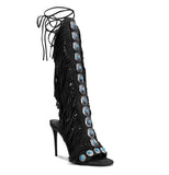 Advbridge Designer Fringe Thih High Heel Sandals Woman High Heels Open Toe Party Prom Shoes Sexy Zipper Female Tassel Pumps 44