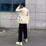 Advbridge Mens Sweater Graffiti Contrast Color Ripped Casual Knit Sweater Autumn Fashion Streetwear Versatile Long-Sleeved Top Men'S Wear
