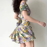 ADVBRIDGE  -  French Retro Oil Painting Dress Summer Women's Clothing 2025 New Floral Printed A-line Ruffles Mini Dresses Lace-up Vestidos