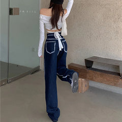 Advbridge Y2K Dark Blue brown High Waist Streetwear Open Line Decoration Jeans Harajuku Cargo Jeans  Women Pants Straight wide leg jeans