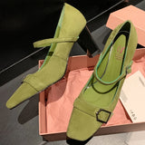 ADVBRIDGE  -  Women's natural suede leather metal buckle slip-on Mary Jane pumps 7cm thick high heel square toe elegant ladies heeled shoes