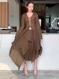 ADVBRIDGE  -  Lace Up V-Neck Shirt Ruffle Skirt Women Set Strings Lapel Sexy Waist Cinched Slimming Blouse Top Irregular Long Skirts Suit New