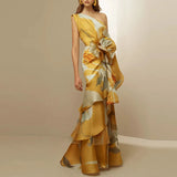Advbridge New Party Floral Print Dress Ladies Elegant Diagonal Collar Long Dress 2024 Fashion Hollow Off Shoulder High Waist Banquet Dress