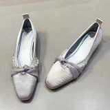 ADVBRIDGE  -  Elegant String Bead Silk Ribbon Knot Design Low Heel Mary Jane Shoes Woman French Style Yellow Square Toe Chunky Heel Loafers