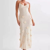 Advbridge 2024 Elegant 3d Flower Sling Maxi Dress Women Deep V-neck Sleeveless Beach Dresses Summer New White Lady Chic High Street Robes