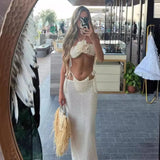 Advbridge Apricot Beach Skirt Sets Women Fashion 3 Piece Bikini Set with Cover Up Sexy Halter Crop Top and Long Skirt Holiday Outfits 2024