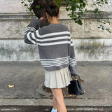 Advbridge Autumn and Winter Sweater Pullovers Women Brown O Neck Striped Sweater Casual Loose Pullovers