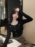 Advbridge -  Sweet Girl Pure Sexy Square Collar Long-sleeved T-shirt Women's Autumn/Winter Slim Fit Long-sleeved Top Fashion Female Clothes