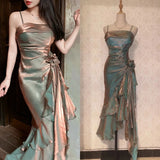 Advbridge Vintage Elegant Ice-colored British Retro Waist Strap Three-dimensional Flowers Irregular Ruffle Stitching Evening Dress