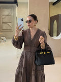 ADVBRIDGE  -  Elegant Lace Hollow Out Women's Long Dress Solid V-neck Patchwork Puff Sleeve Bodycon Dressess Female 2025 Spring New Lady Robes