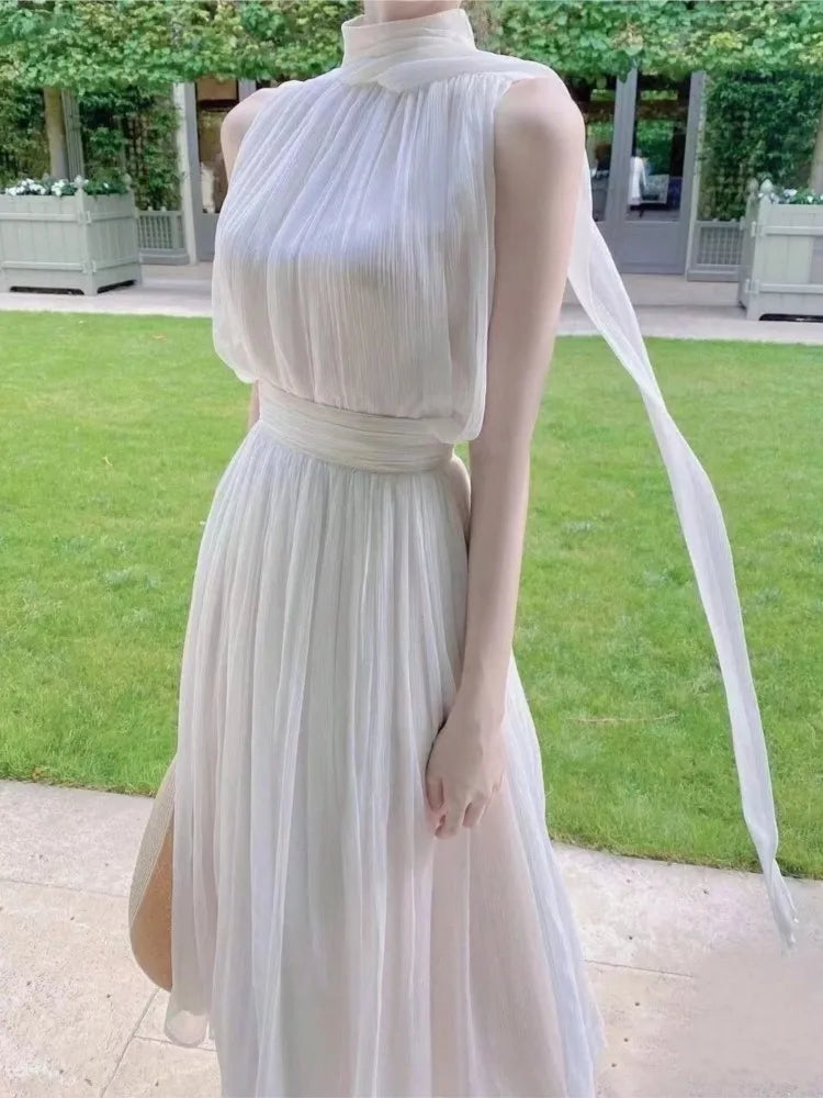 Advbridge Summer Women's 2-Piece Skirt Set Korea Style Fashion Sleeveless Halter Neck Slim White Dress Suit Fairy Female Clothes Solid