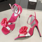 ADVBRIDGE  -  Luxury Rose Decoration Women Sandals Square Toe Belt Buckle Open Toe Heels Summer Fashion Ankle Strap Thin Heeled Slide Sandals