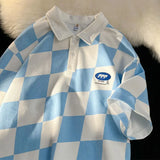 Advbridge Checked Short-sleeved T-shirt Women Men's Summer Trend Casual Lapel T-shirt Youth Versatile Mid-sleeved Hong Kong Style Top