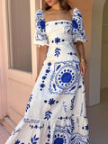 ADVBRIDGE  -  Summer Floral Print A-line Puffles Maxi Dress Women Puff Sleeve Square Collar Elegant Dress Female Holiday Party Dress Vestidos