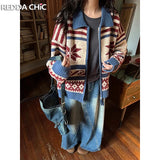 Advbridge Retro Fair Isle Cardigan Sweater Women Lapel Long Sleeves Zip Up Oversize Chunky Knit Jacket Coat Warm Winter Clothes