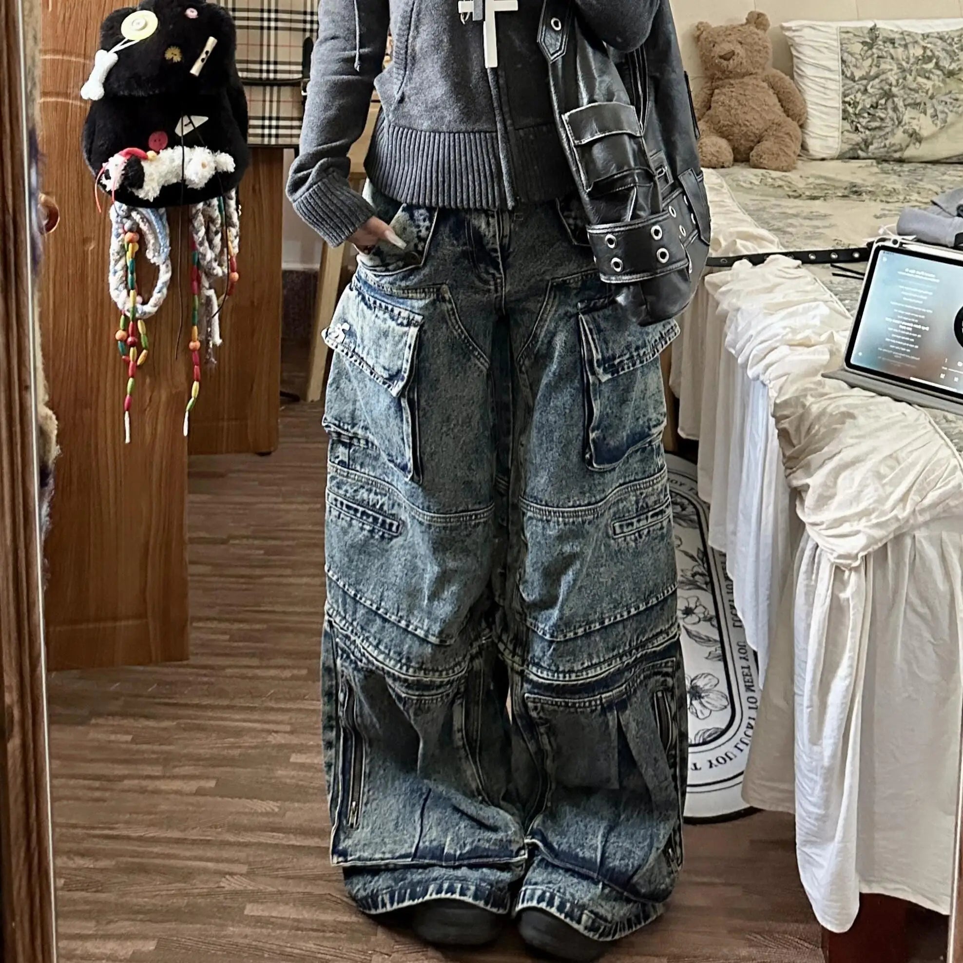 Advbridge Stylish High Street Multi-Pocket High Waist Jeans Cargo Pants Women American Vintage Wide Leg Jeans Harajuku Hip Hop Y2k Jeans