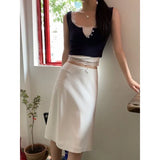 Advbridge Elegant White Women Skirt Fairycore Ruffle Mid Skirts Coquette Summer Sexy A-line Basic Casual Korean Style Silk Skirt