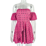 ADVBRIDGE  -  Contrasting Dot Printed Off-shoulder Strapless Sexy Ruched Puff Sleeved High Waist Mini Dress Women's Casual Party Vestidos