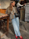 Advbridge Women Chic Print Leopard Lace Up Shirts Blouses O-neck Hollow Out Lantern Short Sleeve Cropped Tops Lady 2024 Summer Streetwear