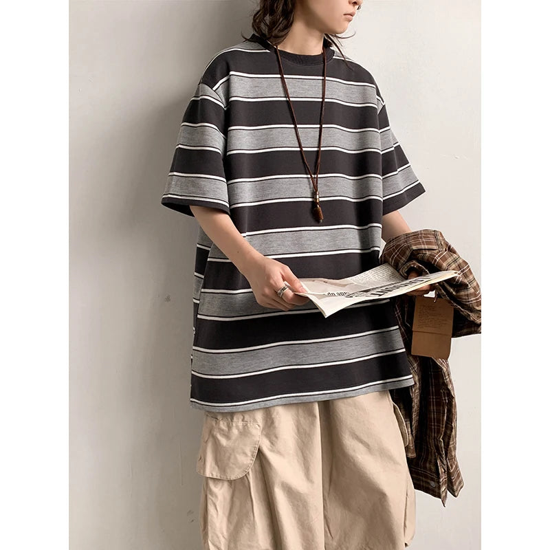 ADVBRIDGE  -  Heavy Cotton Men's Short Sleeve T Shirt Striped Summer Cotton Bottom Shirt Half Sleeve Long Fleece Cotton T Shirt Q250