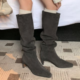 ADVBRIDGE  -  women's natural suede leather 4.5cm thin med heel square toe slip-on knee high boots elegant ladies long boots shoes