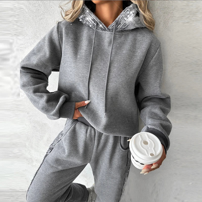 Advbridge Fashion Casual Long Sleeve Warm Set New Sequin Patchwork Hooded Tops+Long Pants Outfits Spring Autumn Tracksuit Loose Sports Set