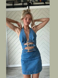 ADVBRIDGE  -  Denim Deep V Halter Dress Hollow Out Belt Design Waist Cinched Slim Fit Sleeveless Sexy Fashion Cowboy Women Vest Short Dresses