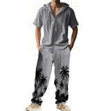ADVBRIDGE  -  Daily Casual Loose Two Piece Suits Men Summer Fashion Pattern Print Outfits Mens Short Sleeve Hooded Shirts And Pants Loose Sets
