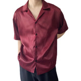 Advbridge Summer Men's Stylish Shirt Cuban collar Satin Silk Wine Red Dress Shirts Short Sleeve Tops Wedding Prom Party Holiday Blouse Man