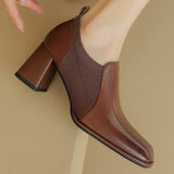 Advbridge Plus size 34-42 women's genuine leather stretch knit patchwork slip-on autumn pumps elegant ladies OL style dress heeled shoes