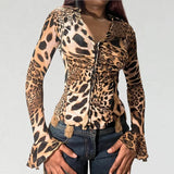 Advbridge Spring Fashion Leopard Print Long Sleeve Women Shirt 2025 New Sexy V-neck Ruched Blouses Chic Single Breasted Slim Shirts
