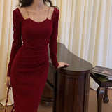 ADVBRIDGE  -  Sexy Red Spaghetti Strap Dress Women Chic Elegant Party Night Vestidos Skinny Pleated Long Sleeve Fashion Burgundy Chain Dress