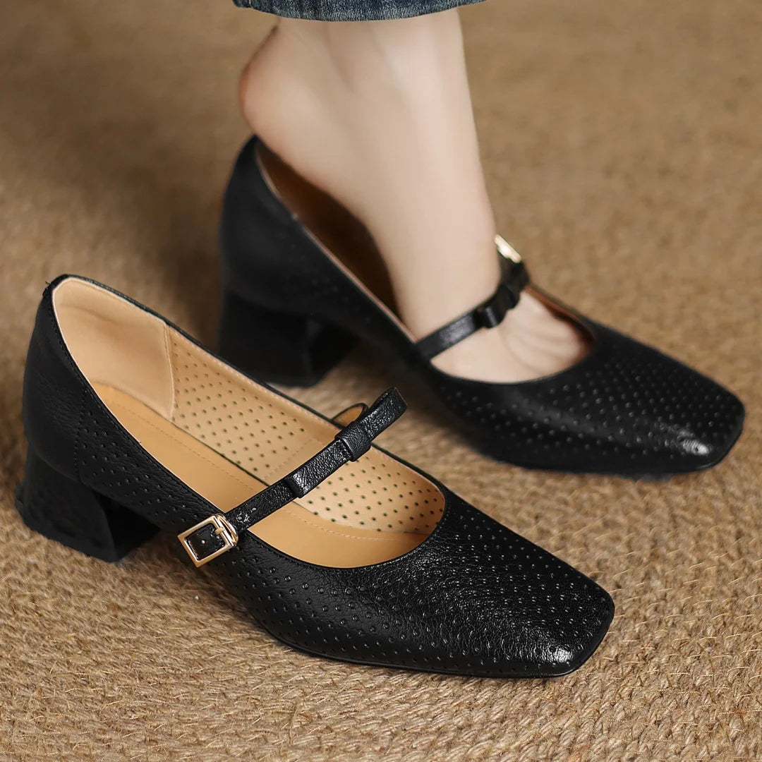ADVBRIDGE  -  Plus size 34-41 women's hollow-out sheepskin sweet bowtie metal buckle slip-on pumps 4cm thick med heel elegant ladies heels hot