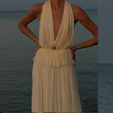 ADVBRIDGE  -  Women Sexy Backless Halter Tops&Long Skirts Swing Two Piece Dresses Set Sexy Solid Color Temperament Outfits 2025 Vacation Suit