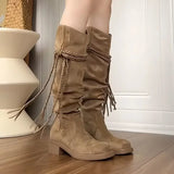 Advbridge Ladies Mid Calf Shoes Tassel Middle Heel Round Toe Brown Women's Half High Boots Trend  Cosplay Spring Autumn Winter Novelty