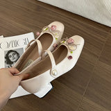 Advbridge Medium Heeled Mary Jane Single Shoes 2024 New Women Shoes Fashion Elegant Flower Bow Pumps Square Toe Thick Heeled Ballet Shoes