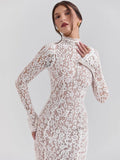 Advbridge Lace Long Sleeve Sexy Midi Dress For Women Elegant White Half High Collar High Waist Bodycon Club Party Sexy Long Dress