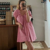 ADVBRIDGE  -  Women Y2k Babydoll Mini Dress Gingham Short Puff Sleeve Square Neck Dress Floral Fairy Loose Fit Summer Sundresses