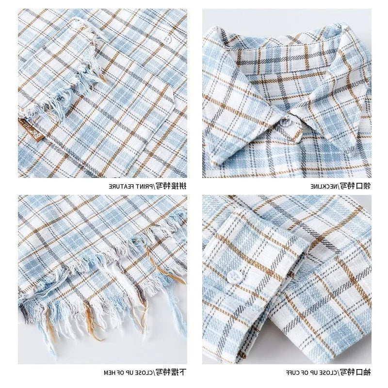 Advbridge Autumn Men's Clothing Luxury Ripped Plaid Shirt Retro Solid Color Button-down Long Sleeve Streetwear Popular Check Clothes
