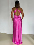 Advbridge Satin Bow Backless Sexy Maxi Dress For Women Gown Fashion V Neck Sleeveless Club Party Evening Dress Elegant