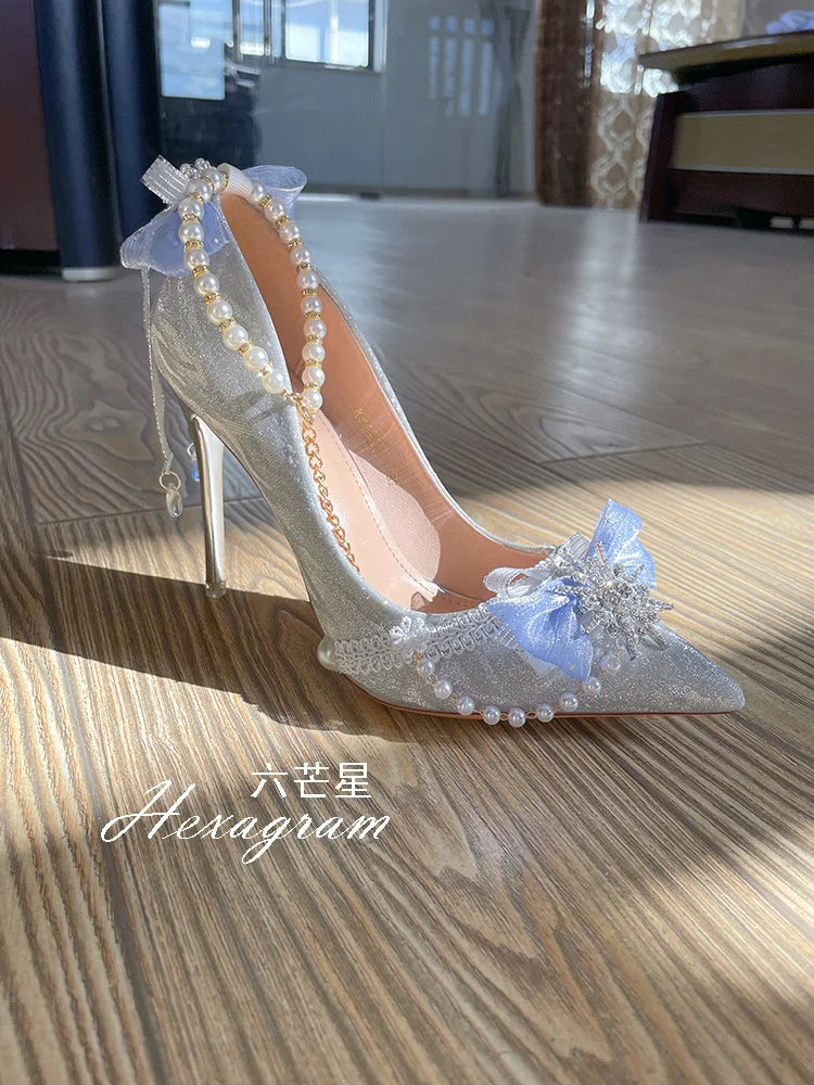 Advbridge Elegant Retro Lolita Court Style Lolita Flower Wedding Gorgeous Satin Bow Pearl Gem Ribbon Bowknot 7.5-10.5cm High Heels Shoes